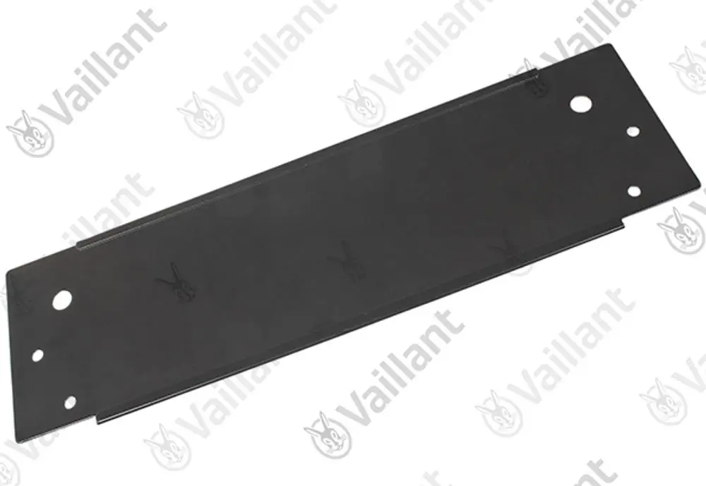 Vaillant Sockelblech in schwarzer Farbe mit mehreren Löchern, flache rechteckige Form, für Heizungsinstallation oder -anpassung.